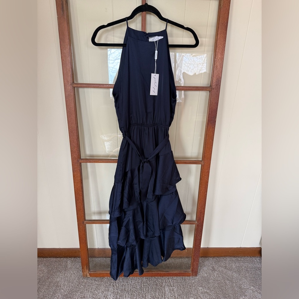 Petal & Pup Seychelle Navy Satin Asymmetrical Hem Tiered Ruffle Midi Dress - 6 - Picture 6 of 11